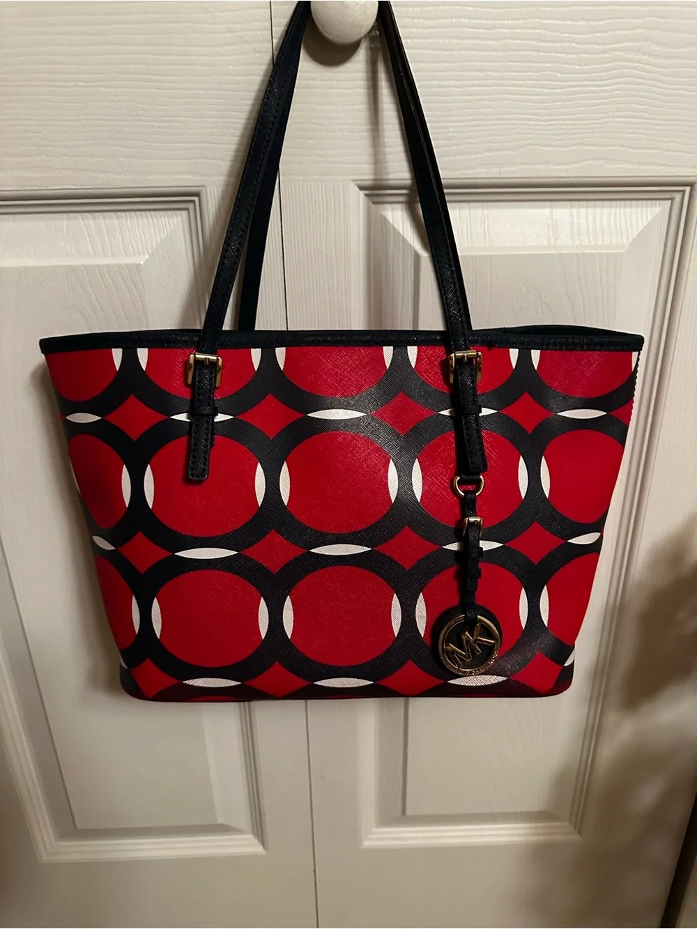 Michael Kors Jet Set Red/Navy Circle-Print Tote